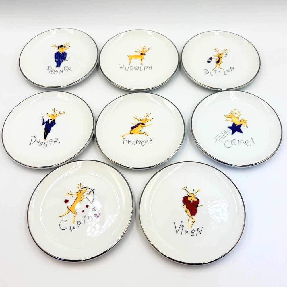 8 Pottery Barn Reindeer Appetizer Plates Coasters Christmas Holiday 4" Japan - Picture 6 of 8